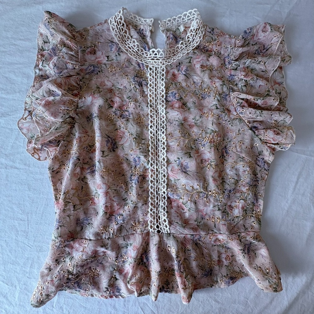 Peach Womens Dusty Pink Floral Grandmacore Crochet Lace Trim Ruffle Top Size XL